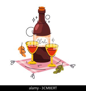 Weinflasche mit Herbstlaub. Vektor-Alkohol-Getränk für Herbstferien oder Thanksgiving festlich, Feier-Party. Rote oder weiße Flüssigkeit mit Kork. Toasten Sie Getränke oder Spirituosen. Bar, Restaurantmenü. Stock Vektor