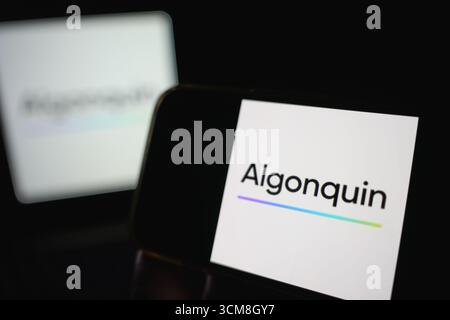 Roosendaal, Niederlande – 14. September 2025: Telefon mit Markenidentität und Logo von Algonquin. Stockfoto