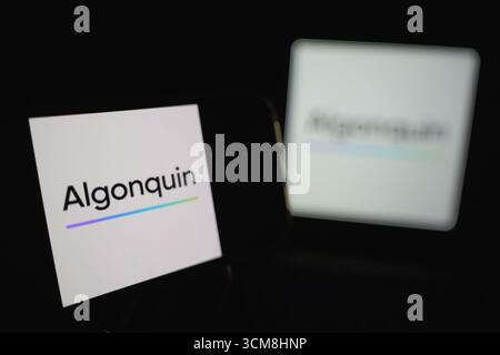 Roosendaal, Niederlande - 14. September 2025: Ein Mobiltelefon mit dem Firmenlogo von Algonquin. Stockfoto