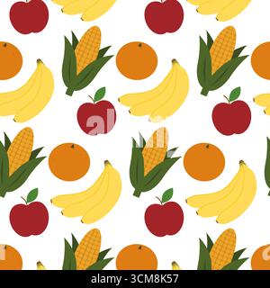 Reifer roter Apfel Orange Bananen Bunch und Maiskolben nahtlose Muster Früchte bunte Hintergrund Textur. Isolierte Vektor-Design-Sammlung thematische Kwanzaa Thanksgiving Grüße Hintergrund und Dekorationen Stock Vektor