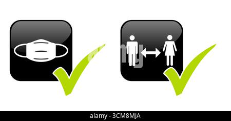 Corona-Regeln: Tragen Sie eine Maske und halten Sie Abstand - zwei Knöpfe zeigen Hygienekonzept Stockfoto