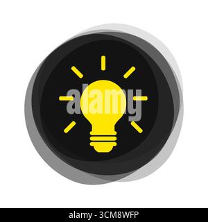 Der runde schwarze Knopf mit weicher Kante zeigt das Symbol der Glühbirne – Idee, Kreativität oder Elektrizität und Licht Stockfoto