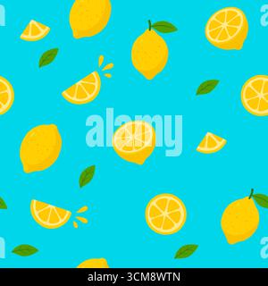 Nahtloses Zitronenmuster mit Blättern auf blauem Hintergrund Stock Vektor