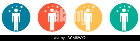 4 bunte Knöpfe in blau rot orange und grün zeigen Coronavirus mit infizierter Person Stockfoto