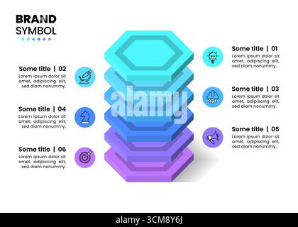 Infografikvorlage mit Symbolen und 6 Optionen oder Schritten. Sechsecke. Kann für Workflow-Layout, Diagramm, Banner und Webdesign verwendet werden. Vektorillustration Stock Vektor