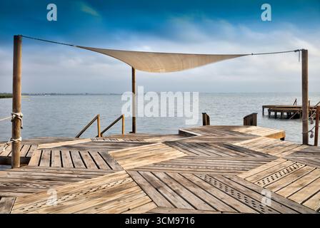 Balneario, Holzsteg, Punta Brava, El Carmoli, Mar Menor, autonome Region Murcia, Spanien, Stockfoto