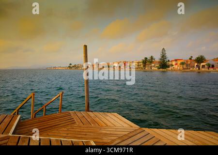 Balneario, Holzsteg, Punta Brava, Sonnenaufgang, El Carmoli, Mar Menor, autonome Region Murcia, Spanien, Stockfoto