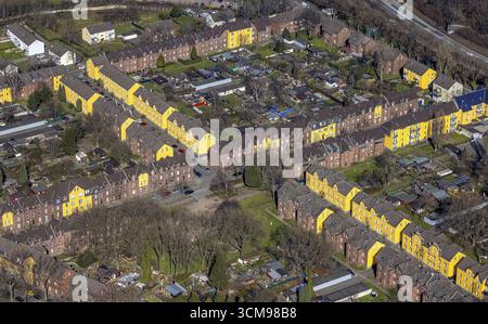 Luftansicht, Duisburger Jupp Kolonie, Arbeitersiedlung mit Reihenhäusern, Steigerstraße, Stollenstraße, Glueckaufstraße, gelbe Hausfassade Stockfoto