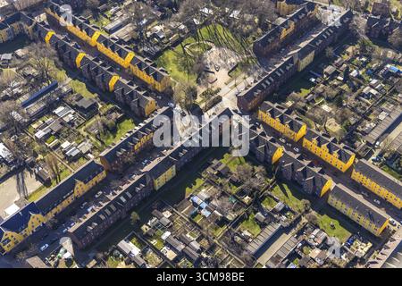 Luftansicht, Duisburger Jupp Kolonie, Arbeitersiedlung mit Reihenhäusern, Steigerstraße, Stollenstraße, Glueckaufstraße, gelbe Hausfassade Stockfoto