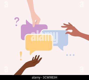 Hände von Menschen verschiedener Nationalitäten und Hauttöne mit bunten Sprechblasen. Illustration des flachen Vektors Stock Vektor