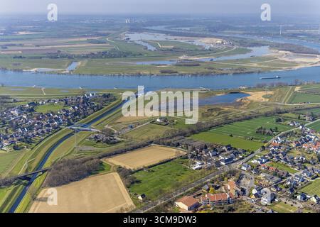 Aus der Vogelperspektive, Rheindeichbaustelle, Emscher-Mündung, Emscher-Mündung, Emscher-Brücke Hagelstraße, Rheinaue Walsum, Emsche Stockfoto