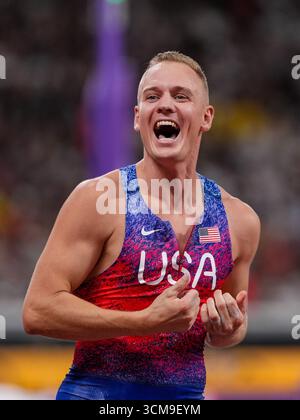 Tokio, Japan. September 2025. TOKIO, JAPAN – 15. SEPTEMBER: Sam Kendricks aus den Vereinigten Staaten tritt am 3. Tag der Leichtathletik-Weltmeisterschaft Tokio 2025 im Nationalstadion am 15. September 2025 in Tokio an. (Foto: Joris Verwijst/BSR Agency) Credit: BSR Agency/Alamy Live News Stockfoto