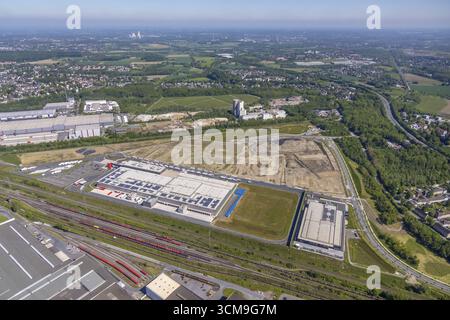 Luftaufnahme, neues Logistikzentrum REWE und Baustelle der ehemaligen Westfalenhuette, Borsigplatz, Dortmund, Ruhrgebiet, Nordrhein-Westfalen, Stockfoto