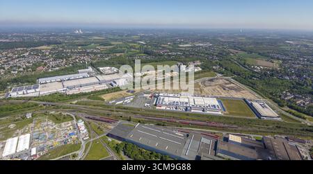 Luftaufnahme, neues Logistikzentrum REWE und Baustelle der ehemaligen Westfalenhuette, Borsigplatz, Dortmund, Ruhrgebiet, Nordrhein-Westfalen, Stockfoto