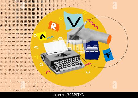 Collage einer Vintage-Schreibmaschine mit einem Blatt Papier und einer Hand mit Bleistift auf einem orangen Kreis mit farbigen Papieren mit Buchstaben Stockfoto
