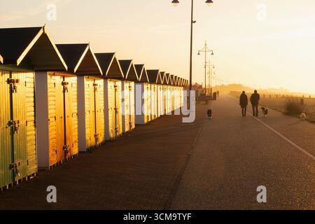 England, Sussex, East Sussex, Eastbourne, farbenfrohe Strandhütten am Strand Stockfoto