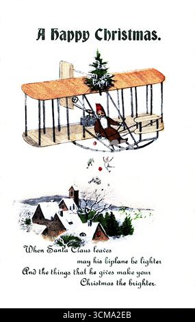Der Weihnachtsmann steuert einen alten Doppeldecker und wirft Geschenke über ein schneebedecktes Dorf. Ein Weihnachtsbaum reitet neben ihm, und ein fröhliches Gedicht darunter wünscht Helligkeit und Freude. Das skurrile Design aus dem Jahr 1915 verbindet edwardianischen Charme mit früherer Luftfahrt-Fantasie und fängt die Faszination der Ära für Flug und festliche Fantasie in Zeiten globaler Unsicherheit ein. Von einer originalen edwardianischen Grußkarte. Stockfoto