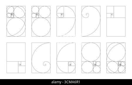 Große fibonacci-Zahlen, Array-Set. Sammlung vertikaler Harmonieproportionen des goldenen Verhältnisses. Stock Vektor