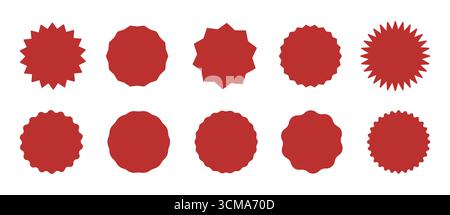 Roter Kreisaufkleber. Rote Tags in Sternform zum Preis, Shop. Rote Abzeichen mit gewelltem Rand. Flache Vintage-Etiketten. Leere Verkaufs-Sticker-Kollektion Stock Vektor