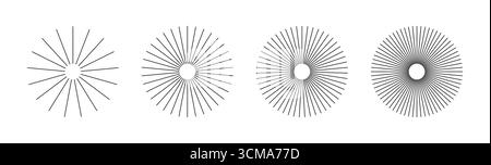 Radiale Kreisstrahlungslinien. Sonnensterne untergehen. Strahlbruch, Strahlansammlung. Set aus Sonnenschliff, Radialstreifen. Abstrakte Grafik umreißen Stock Vektor
