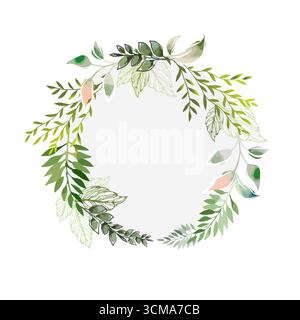 Rundrahmenaquarell mit grünen Blättern. Handgezeichnet. Nicht AI, Vektorillustration Stock Vektor