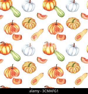 Nahtloses Herbstmuster mit orangefarbenen, gelben, weißen und grünen Kürbissen, Samen und Scheiben. Butternusskürbis und Kürbis. Erntefest. Gemüsegarten Stockfoto