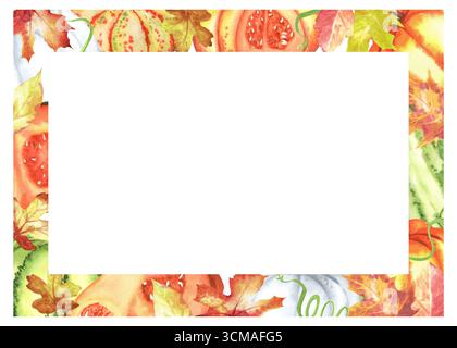 Rechteckiger Rahmen mit Herbstkürbissen und Ahorn- und Eichenblättern. Kürbiserntefest. Thanksgiving Clipart. Gemüsegarten. Handgezeichnet krank Stockfoto