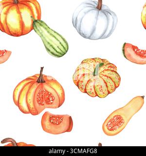 Nahtloses Muster mit orangefarbenen, gelben, weißen und grünen Kürbissen, Samen und Scheiben. Butternusskürbis und Kürbis. Herbsterntefest. Gemüsegarten Stockfoto