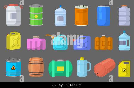 Behälter für Flüssigkeiten. Kanister Gläser Dosen und Fässer Flaschen für verschiedene Flüssigkeiten aktuelle Vektor-Zeichentrickgrafiken Original-Kunstwerk Stock Vektor