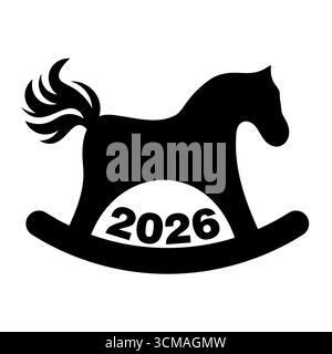 Rocking Horse Silhouette mit 2026 Jahren. Ideal für Neujahrsgrüße, festliche Designs, Kindermotive oder symbolische Grafiken im Zusammenhang mit 2026. Stock Vektor