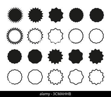 Kreisaufkleber. Set mit Wavy Edge-Werbeabzeichen. Sternförmige Tags zum Preis. Leere Verkaufsaufkleber. Schwarze Silhouette. Flache Vintage-Etiketten. Kreis Stock Vektor