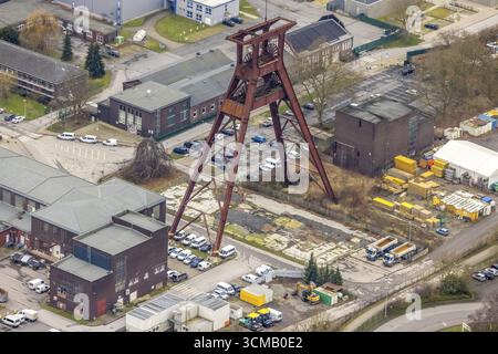 Luftaufnahme, Wendeturm Pluto Zeche im Stadtteil Wanne von Herne, Ruhrgebiet, Nordrhein-Westfalen, Deutschland, DE, Europa, gewundener Turm, Herne Stockfoto