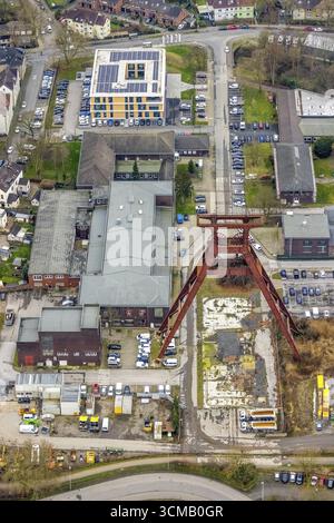 Luftaufnahme, Wendeturm Pluto Zeche im Stadtteil Wanne von Herne, Ruhrgebiet, Nordrhein-Westfalen, Deutschland, DE, Europa, gewundener Turm, Herne Stockfoto