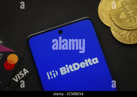 Dhaka, Bangladesch, 02. Juni 2025: Smartphone mit BitDelta-Logo, umgeben von Bitcoin-Münzen und Zahlungskarten Stockfoto