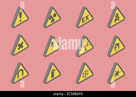 3D Isometrischer flacher Satz von Warnschildern, Sicherheits- und Sicherheitsetiketten Stockfoto