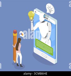 3D Isometrische flache Illustration von AI Chat Bot, Assistent für künstliche Intelligenz Stockfoto