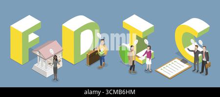 3D Isometrische flache Abbildung von FDIC als Federal Deposit Insurance Corporation, Verbraucherschutz von Finanzinstituten Stockfoto