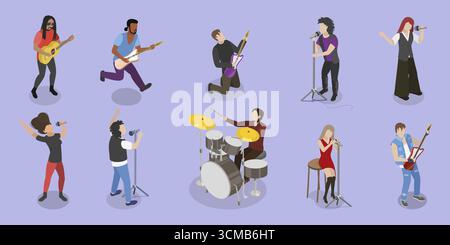 Isometrische flache 3D-Illustration von Rockmusikern, jungen Künstlern, die Musikinstrumente spielen Stockfoto