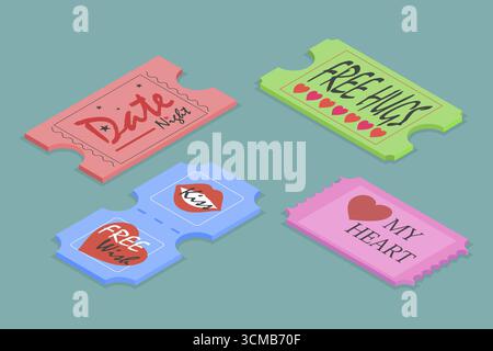 Flacher 3D-Satz Love Coupons, Retro Vintage-Tickets Stockfoto