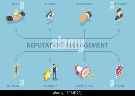 Isometrische 3D-Darstellung von Reputationsmanagement, Vertrauen, Beliebtheit und Glaubwürdigkeit Stockfoto