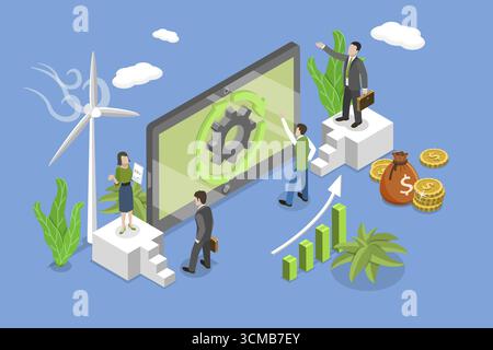 3D-Isometrische flache Darstellung von Emissionsreduzierung, Nullabgleich Stockfoto