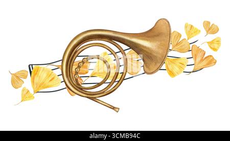Französisches Horn auf schwarzem Musikstab mit goldenen Gingko Biloba Blätter Aquarellillustration auf isoliertem Hintergrund. Blasinstrument, Notizblock Stockfoto