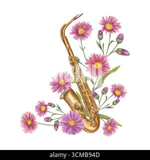 Aquarellmessingsaxophon unter herbstblühenden lila Asterblumen-Illustration auf isoliertem Hintergrund. Blumenzusammensetzung Stockfoto