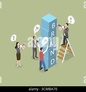 Isometrische 3D-Illustration des Markenaufbaus, Verbesserung der Markenpräsenz und des Rufs durch effektive Marketingstrategie für Unternehmenswachstum Stockfoto