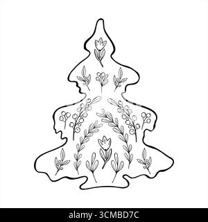 Minimalistischer Weihnachtsbaum verzierte Blumen und Beerenpflanzenzweige in Kritzelstil Vektor-Illustration gemalt mit schwarzen Tinten. Stock Vektor