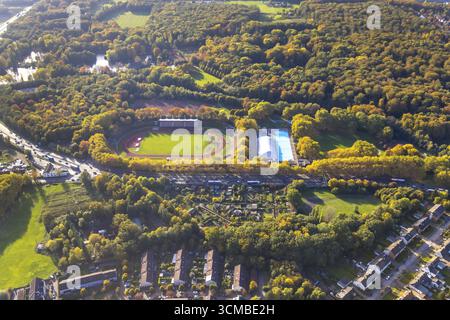Luftansicht, Gladbeck Freibad, Gladbeck Stadion - Vestische Kampfbahn, Kleingartenverein KGV am Stadion e.V., Freigelände am Vormittag Stockfoto