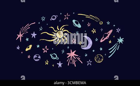 Farbenfroher Neonkreide im Weltraum kindlicher Hintergrund. Zeichnen Sie von Hand Sterne, Kometen, Planeten, Sonne, Mond Bleistiftzeichnungen. Erde mit Satellit. Universumskosmos Stock Vektor