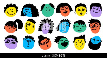 Emoji-Gesichts-Doodle-Set mit Buntstift-Stil und Kreidestruktur. Kreide Emoji und kritzele Gesichter mit Lächeln. Ideal für Aufkleber, Poster, Karten, Vektoren Stock Vektor