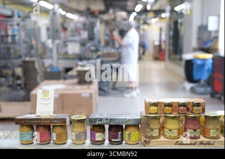 FRANKREICH, Burgund, Beaune, Senfmacher Moutarderie Fallot, Herstellung von Dijon Senf und Senf de Bourgogne / FRANKREICH, Burgund, Beaune, Senfmacher Moutarderie Fallot, Herstellung Dijon Senf und Senf de Bourgogne, Abfüllung Stockfoto