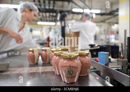 FRANKREICH, Burgund, Beaune, Senfmacher Moutarderie Fallot, Herstellung von Dijon Senf und Senf de Bourgogne / FRANKREICH, Burgund, Beaune, Senfmacher Moutarderie Fallot, Herstellung Dijon Senf und Senf de Bourgogne, Abfüllung Stockfoto